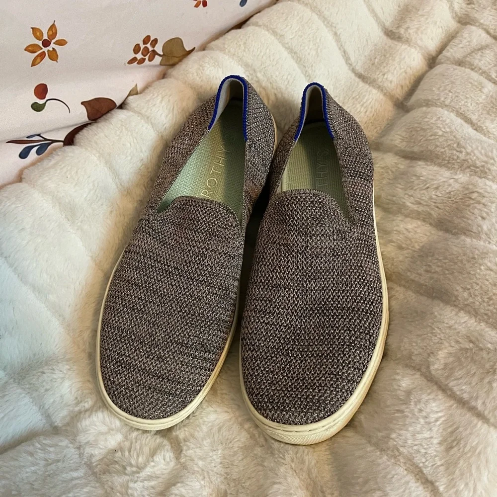 Rothy’s Womens 8 The Original Slip On Sneaker Knit Pink Gold Black Metallic City